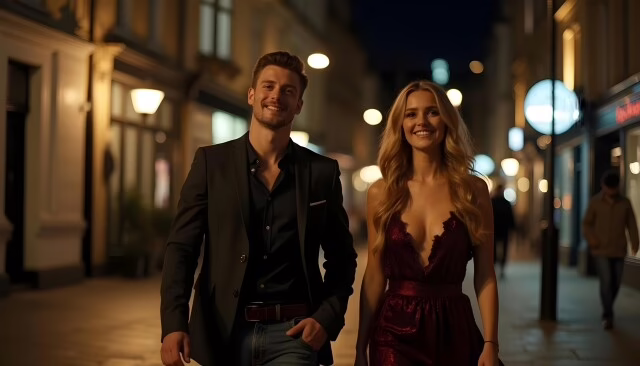 Well presented young man and woman walk along London street in the evening